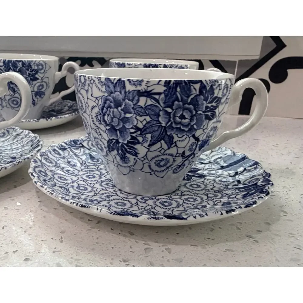 Set of 8 Johnson Brothers 'Lotus' Cup And Saucer- Blue Design